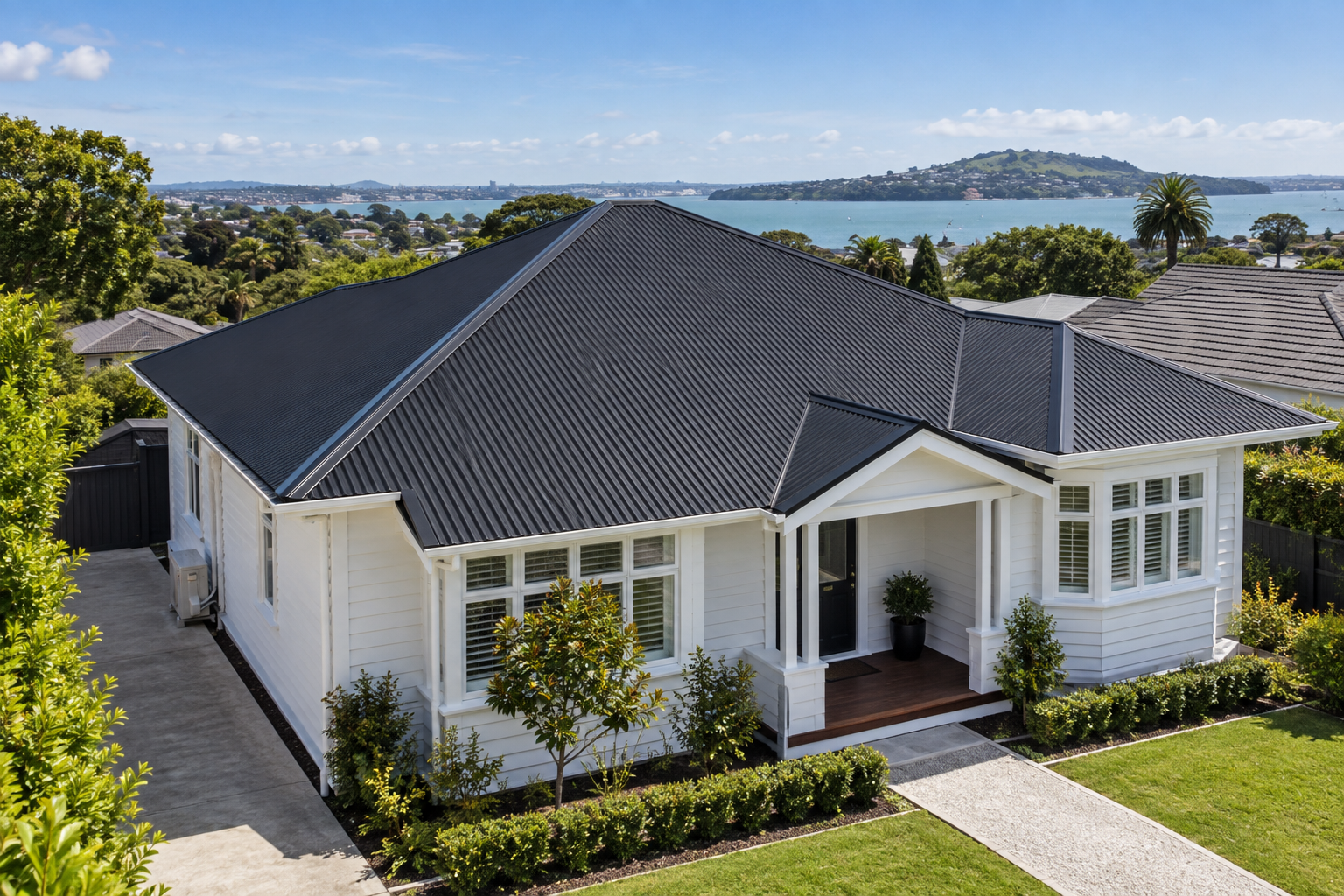 Illustrative corrugated metal roof on a bungalow